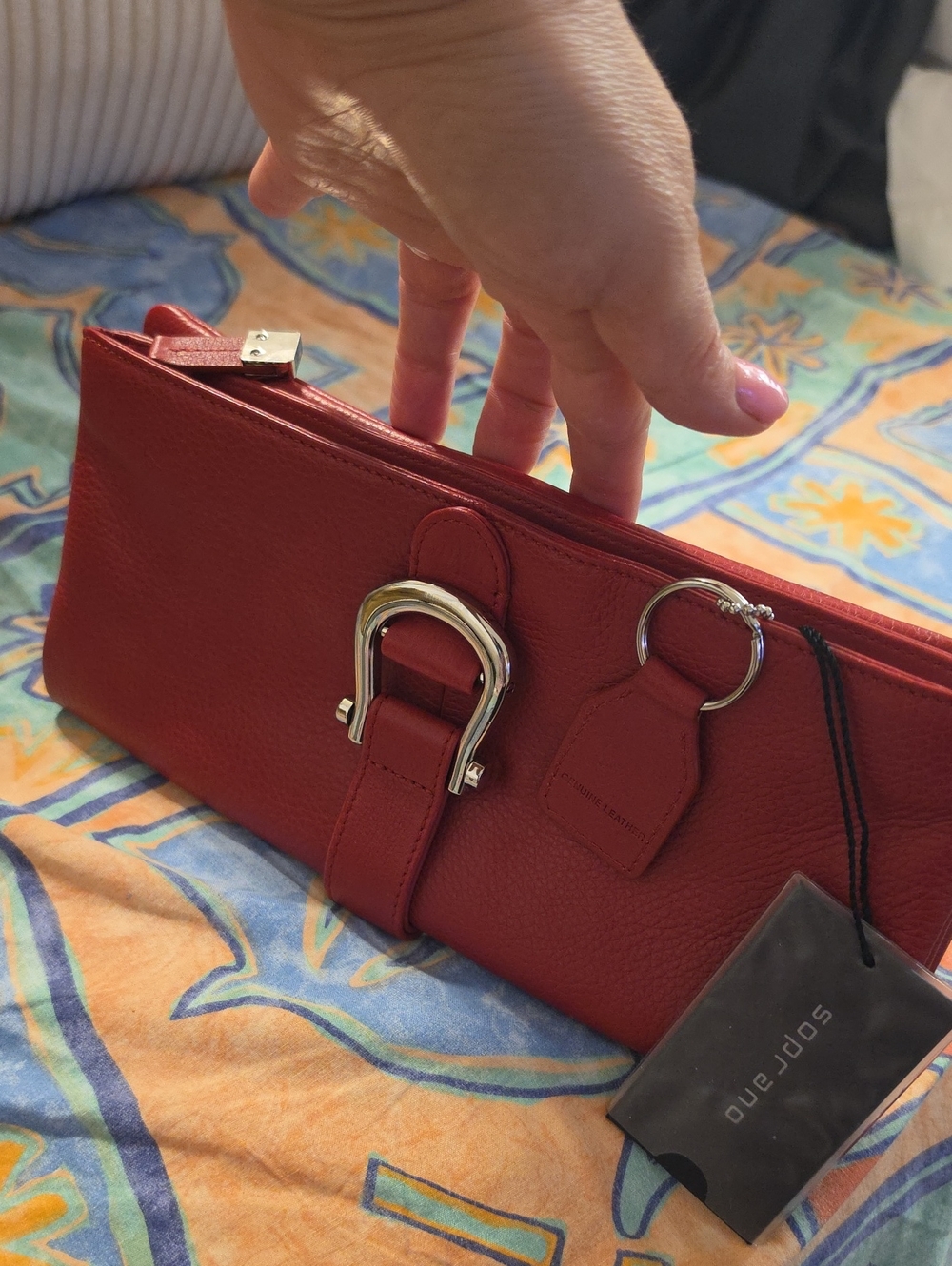 NWT- Soprano Red Genuine Pebbled Leather Foldover Clutch Wallet Silver Buckle